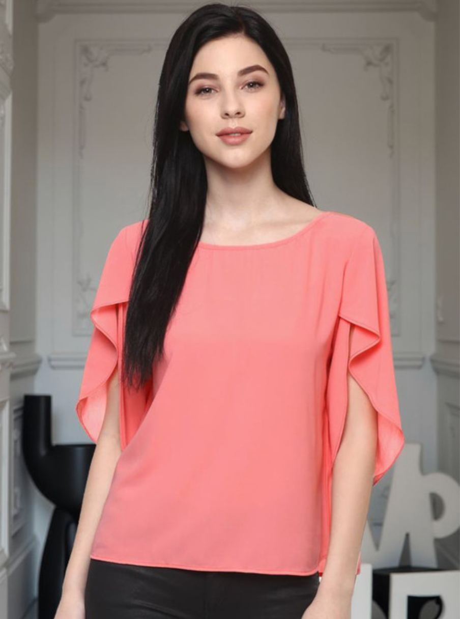 Women Solid Round Neck Flared Sleeves Crepe Top - Image 1