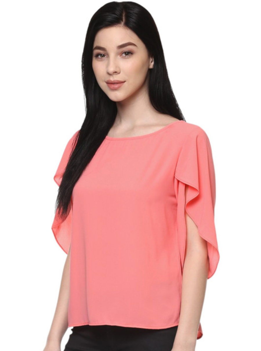 Women Solid Round Neck Flared Sleeves Crepe Top - Image 3