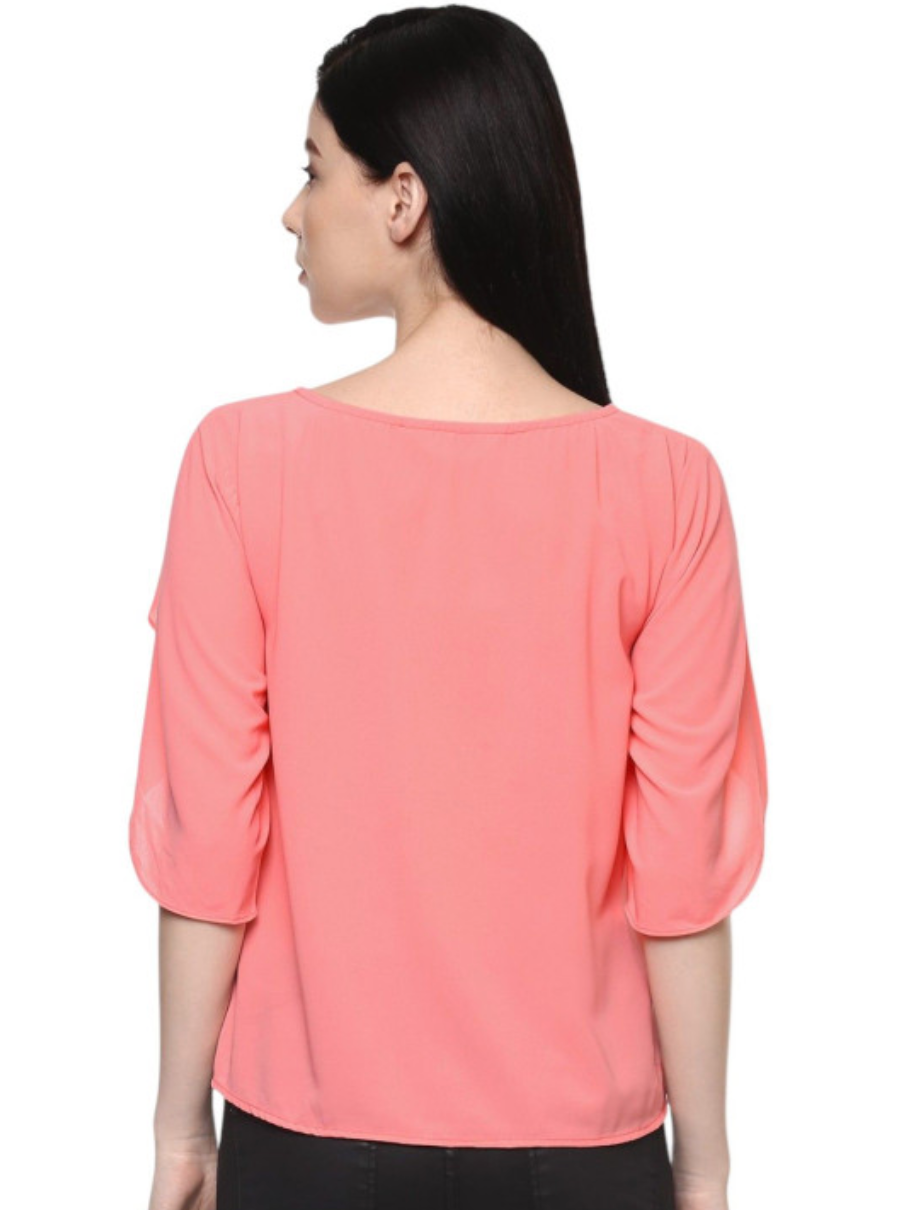 Women Solid Round Neck Flared Sleeves Crepe Top - Image 4