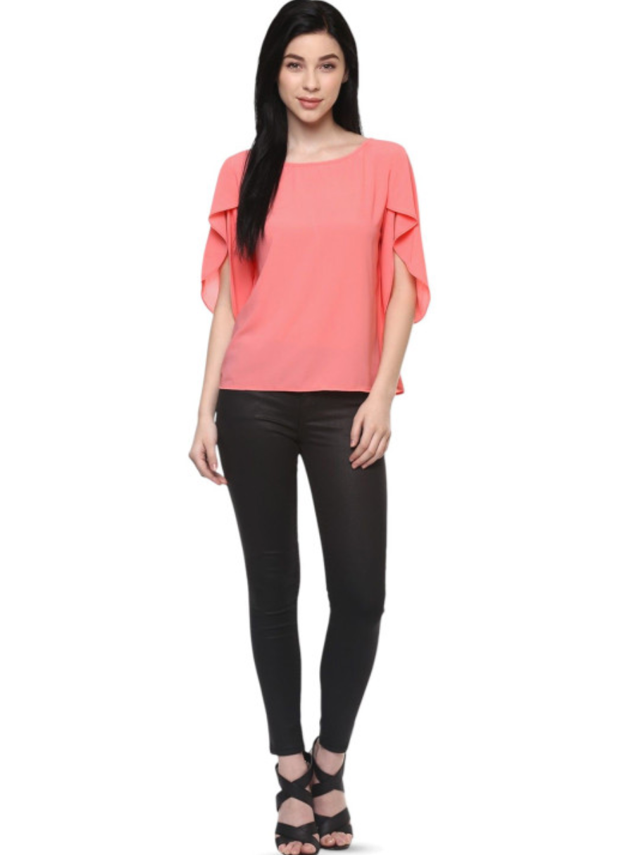 Women Solid Round Neck Flared Sleeves Crepe Top - Image 5