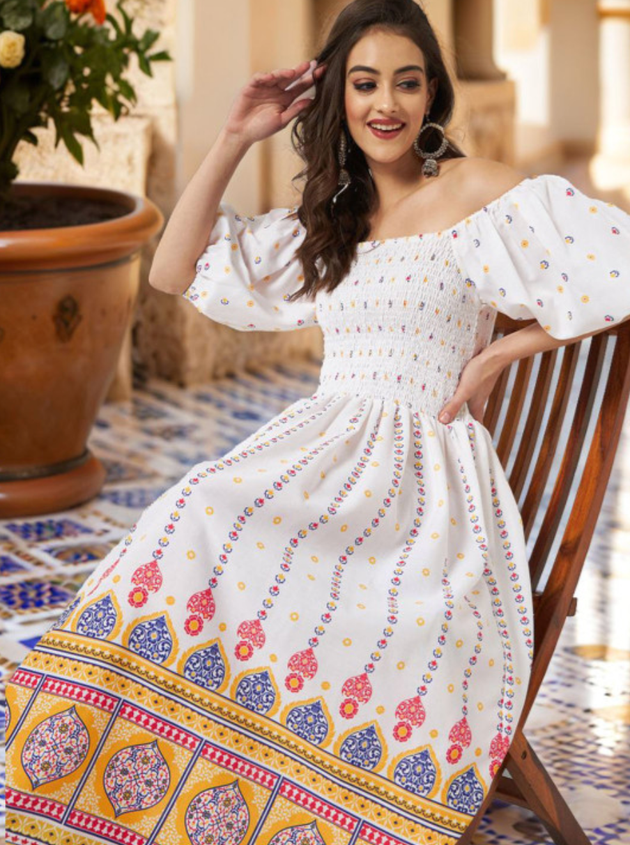 Women Ethnic Print Crepe Fit & Flare Midi Dress - Image 1