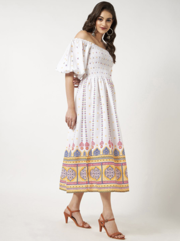 Women Ethnic Print Crepe Fit & Flare Midi Dress