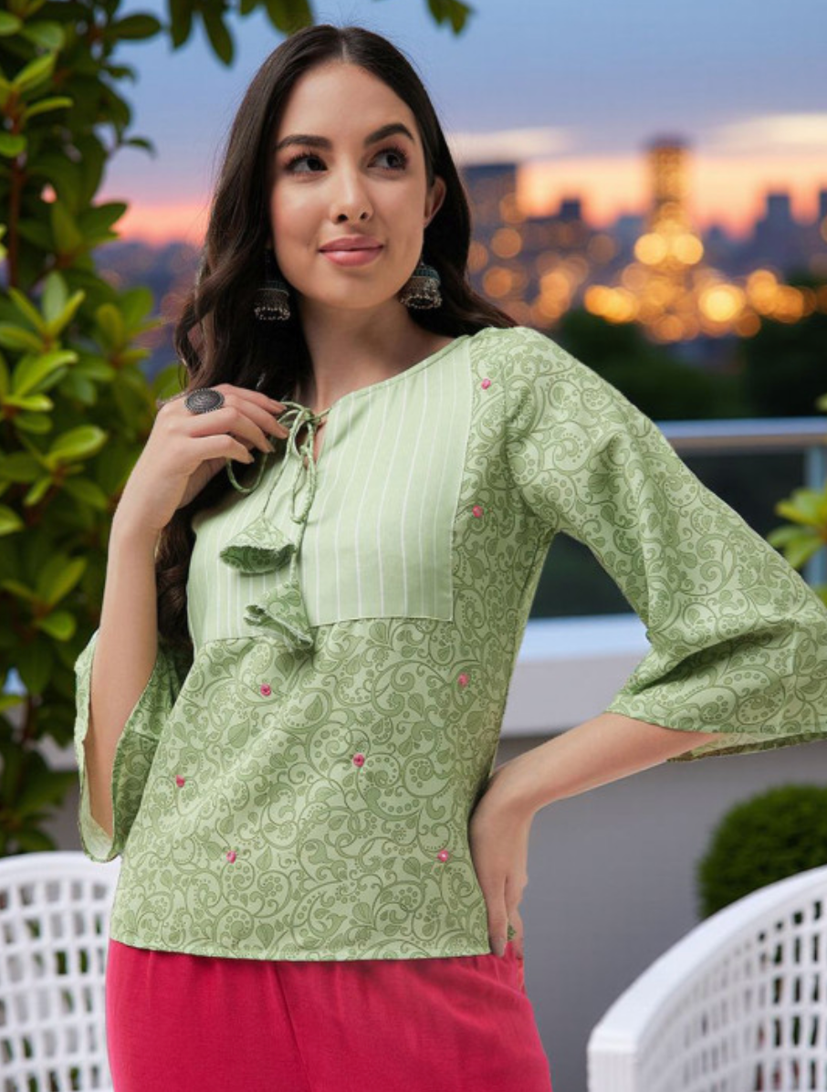 Women Ethnic Print Tie-Up Neck Georgette Top - Image 1