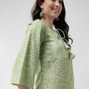 Women Ethnic Print Tie-Up Neck Georgette Top - Image 2