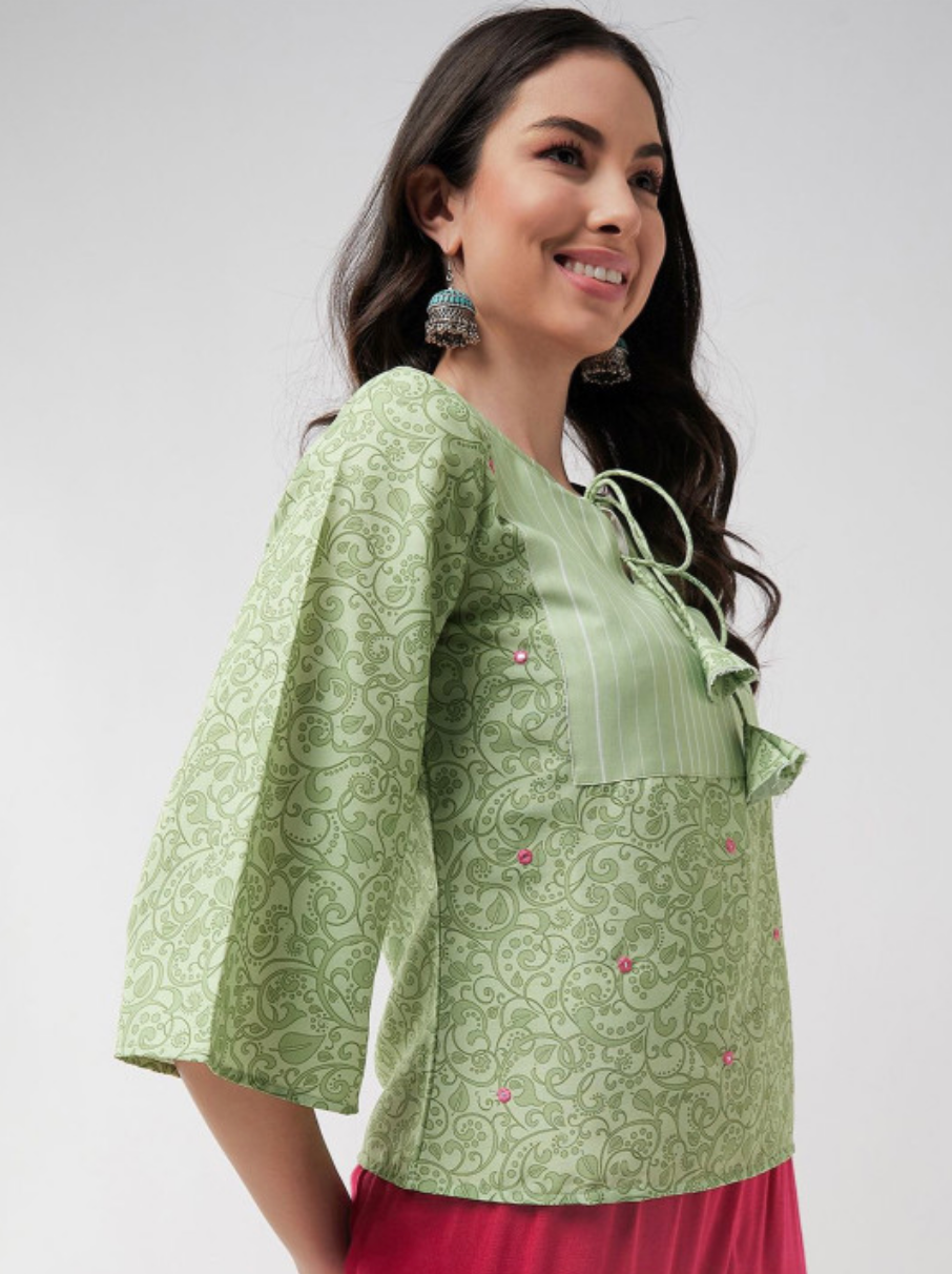 Women Ethnic Print Tie-Up Neck Georgette Top - Image 2