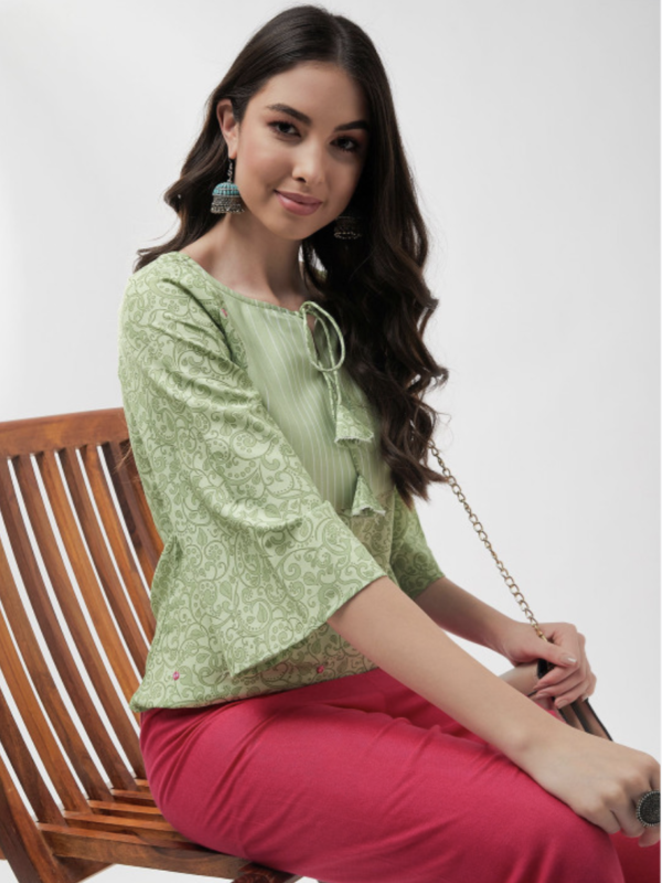 Women Ethnic Print Tie-Up Neck Georgette Top