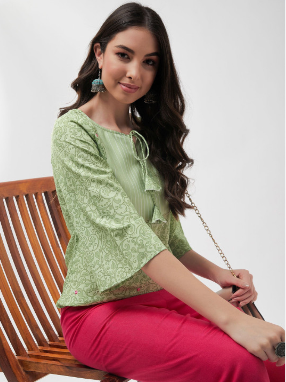 Women Ethnic Print Tie-Up Neck Georgette Top - Image 5