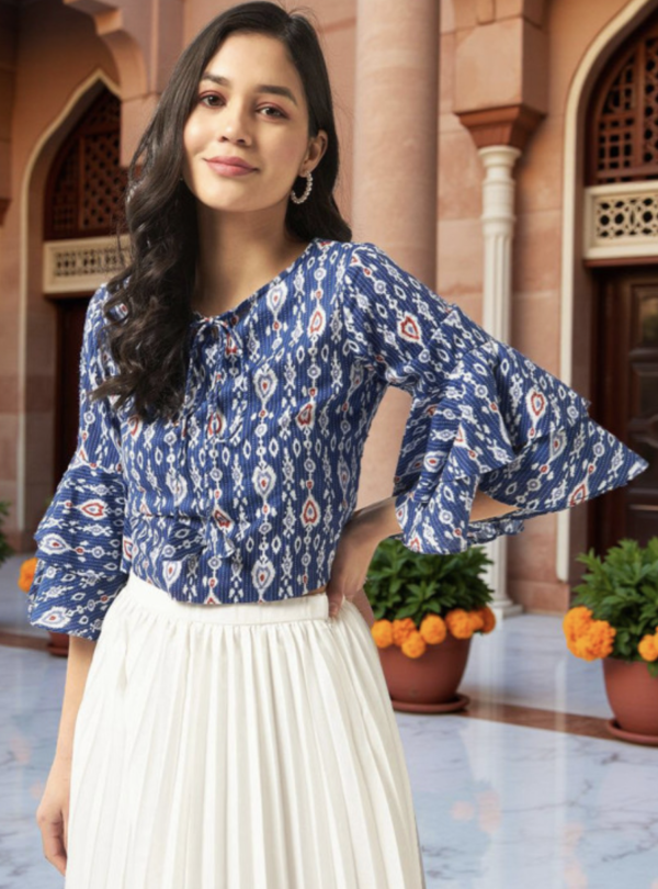 Ikat Printed Tie-Up Neck Bell Sleeves Cotton Top