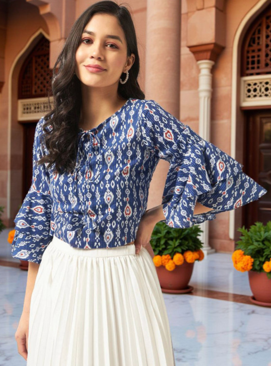 Ikat Printed Tie-Up Neck Bell Sleeves Cotton Top - Image 1