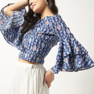 Ikat Printed Tie-Up Neck Bell Sleeves Cotton Top - Image 2