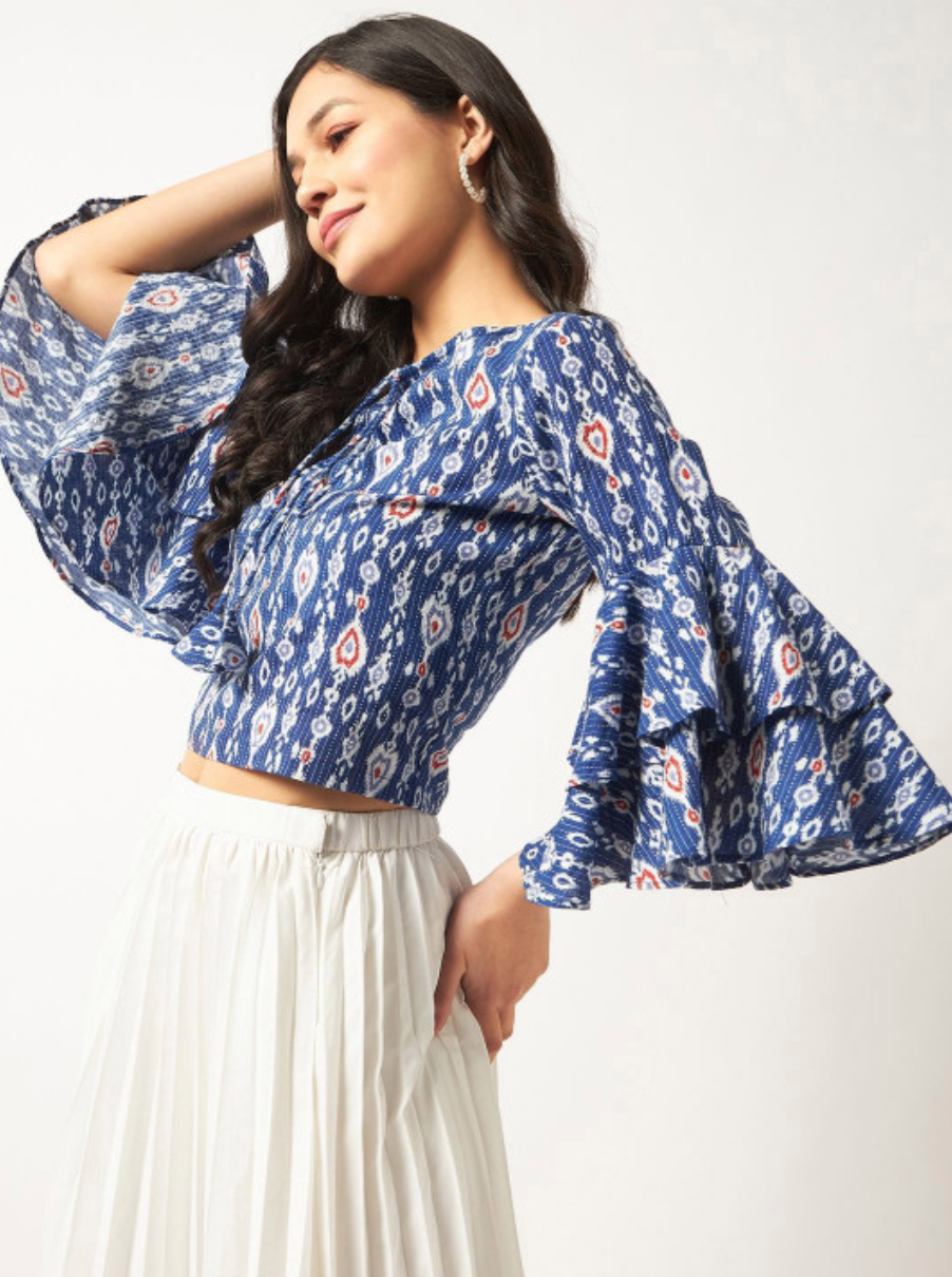 Ikat Printed Tie-Up Neck Bell Sleeves Cotton Top - Image 2
