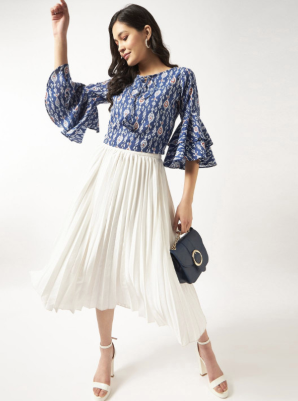 Ikat Printed Tie-Up Neck Bell Sleeves Cotton Top