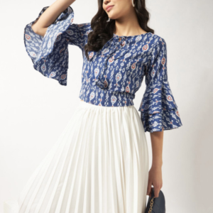 Ikat Printed Tie-Up Neck Bell Sleeves Cotton Top - Image 5