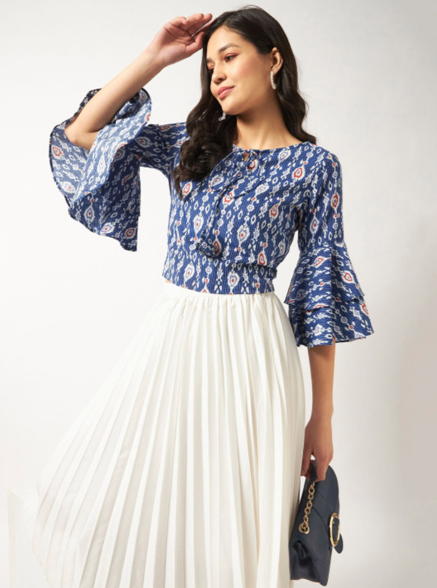 Ikat Printed Tie-Up Neck Bell Sleeves Cotton Top - Image 5