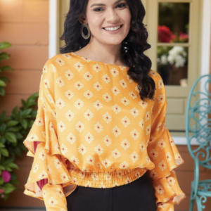 Ethnic Motifs Print Bell Sleeve Blouson Top - Image 1