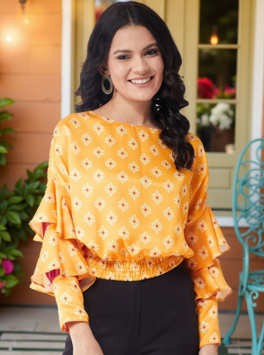 Ethnic Motifs Print Bell Sleeve Blouson Top - Image 1