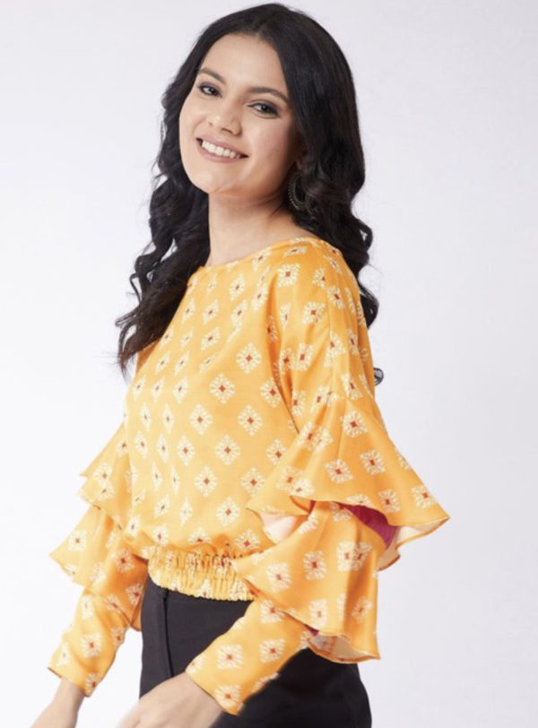 Ethnic Motifs Print Bell Sleeve Blouson Top