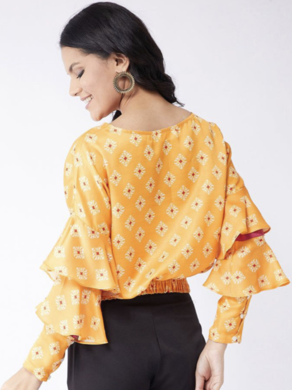 Ethnic Motifs Print Bell Sleeve Blouson Top