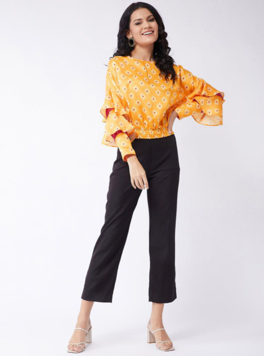 Ethnic Motifs Print Bell Sleeve Blouson Top - Image 4