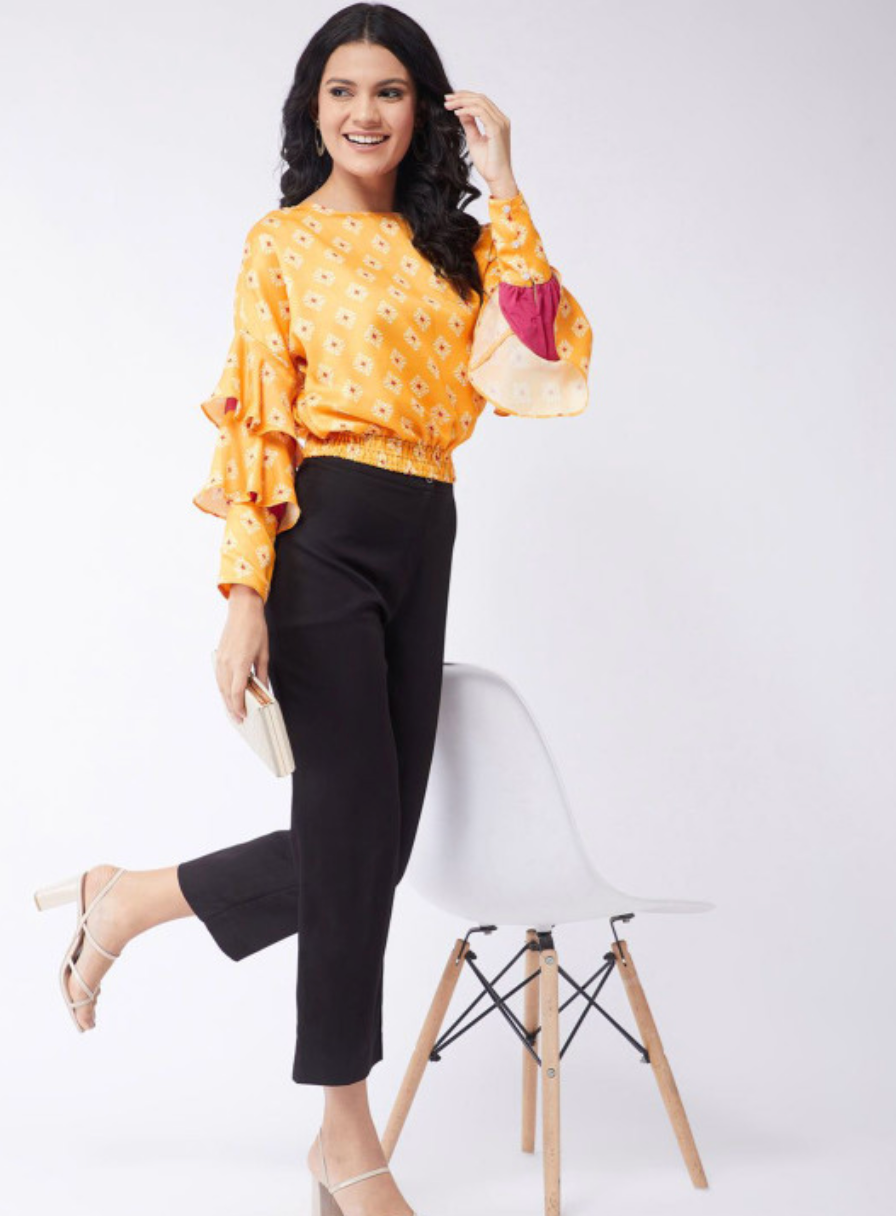 Ethnic Motifs Print Bell Sleeve Blouson Top - Image 5