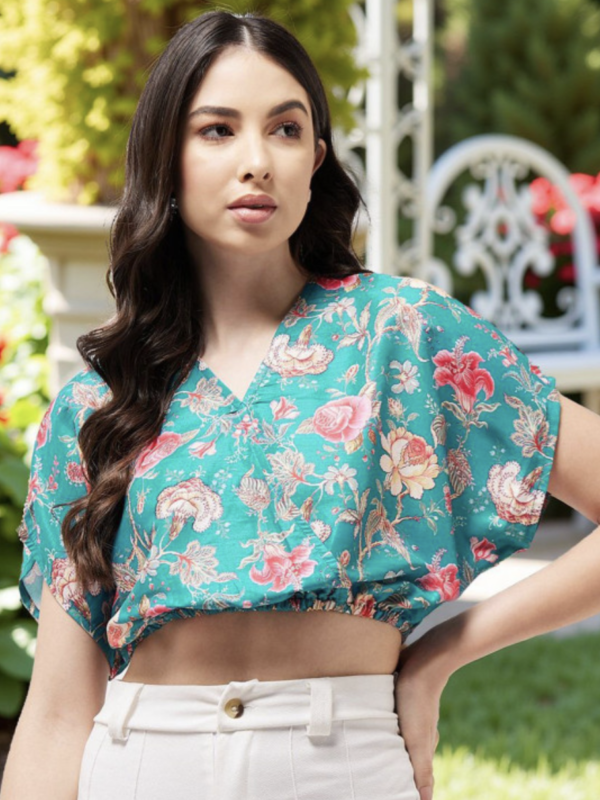 Floral Print Kimono Sleeve Blouson Overlap Crop Top