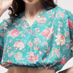 Floral Print Kimono Sleeve Blouson Overlap Crop Top - Image 2
