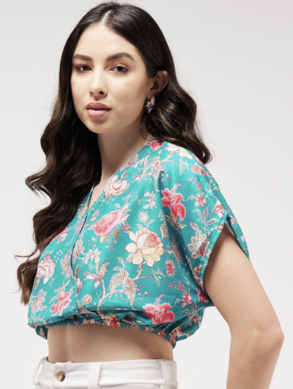 Floral Print Kimono Sleeve Blouson Overlap Crop Top