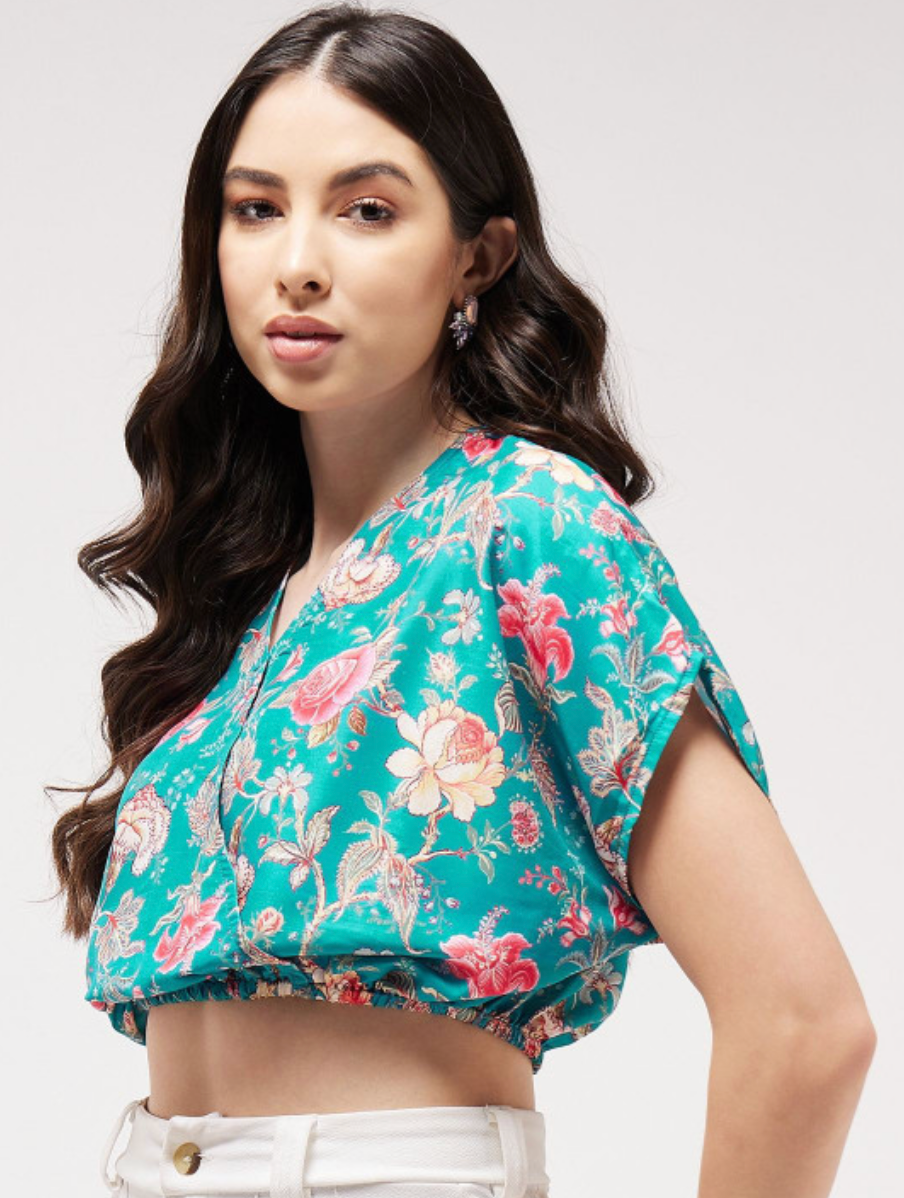 Floral Print Kimono Sleeve Blouson Overlap Crop Top - Image 3