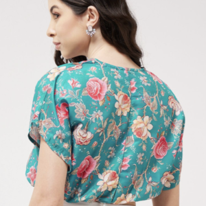 Floral Print Kimono Sleeve Blouson Overlap Crop Top - Image 4