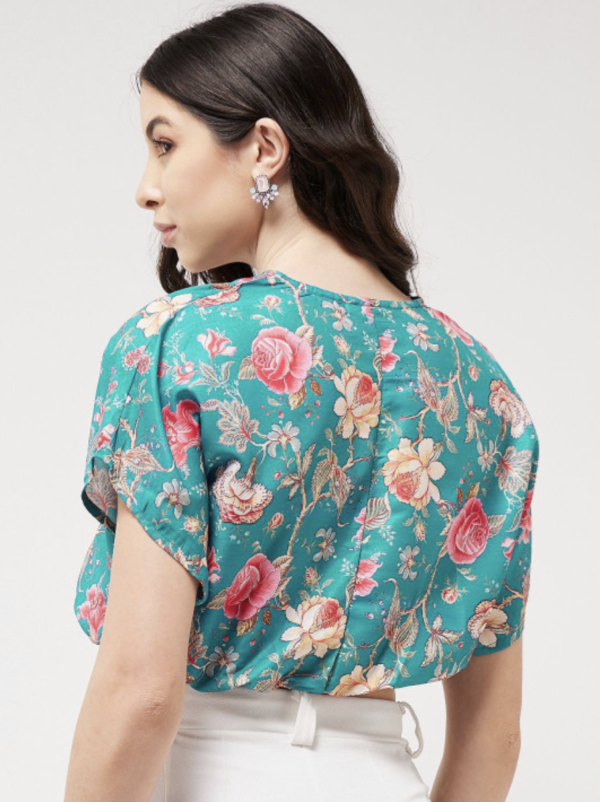 Floral Print Kimono Sleeve Blouson Overlap Crop Top