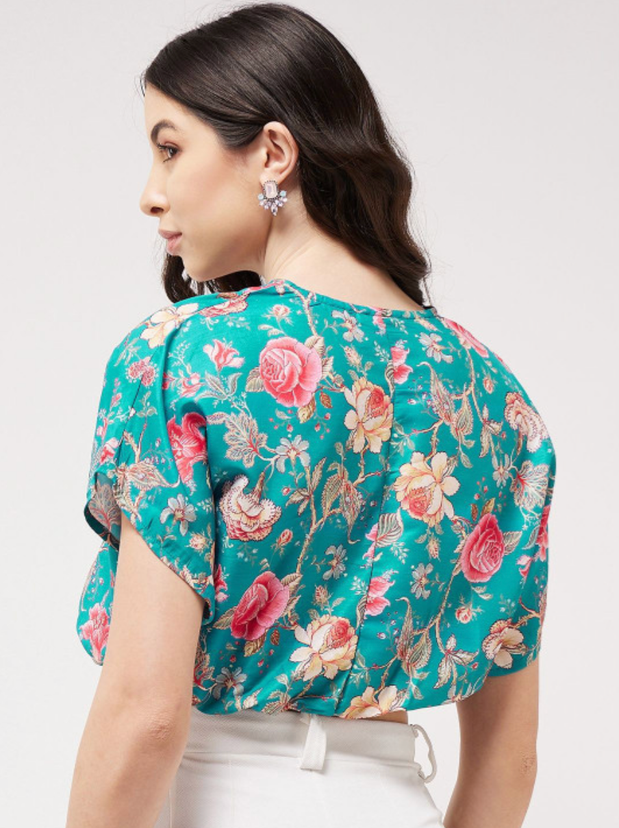Floral Print Kimono Sleeve Blouson Overlap Crop Top - Image 4