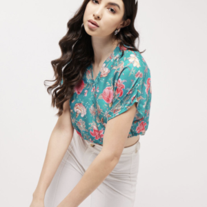 Floral Print Kimono Sleeve Blouson Overlap Crop Top - Image 5