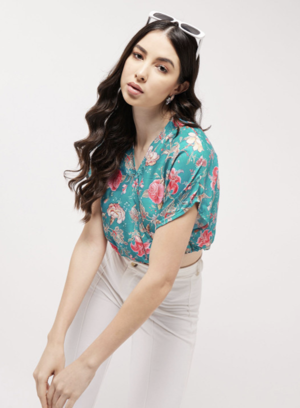 Floral Print Kimono Sleeve Blouson Overlap Crop Top