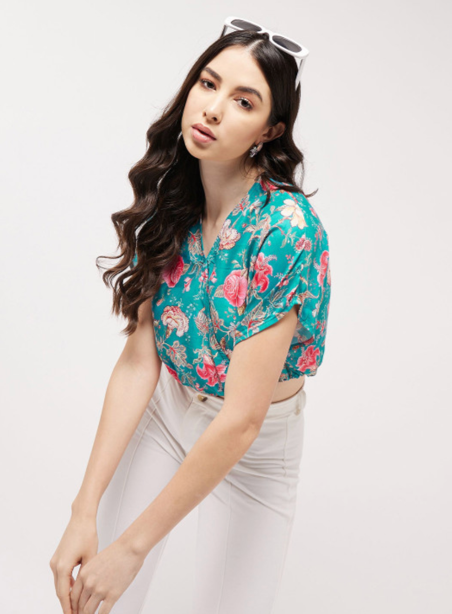 Floral Print Kimono Sleeve Blouson Overlap Crop Top - Image 5
