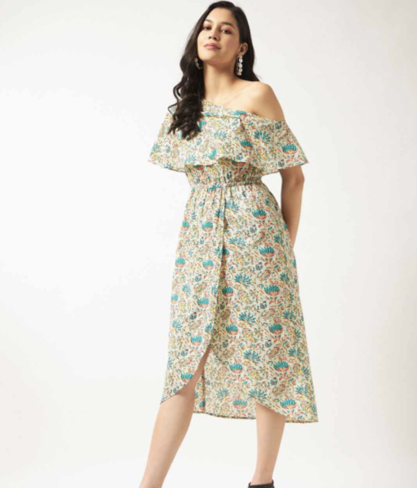 Women Floral Printed One Shoulder Fit and Flare Midi Dress