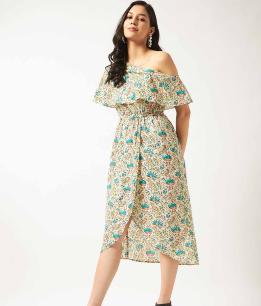 Women Floral Printed One Shoulder Fit and Flare Midi Dress - Image 2