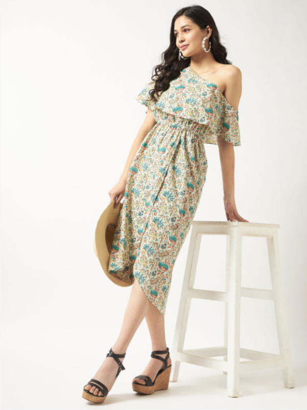 Women Floral Printed One Shoulder Fit and Flare Midi Dress