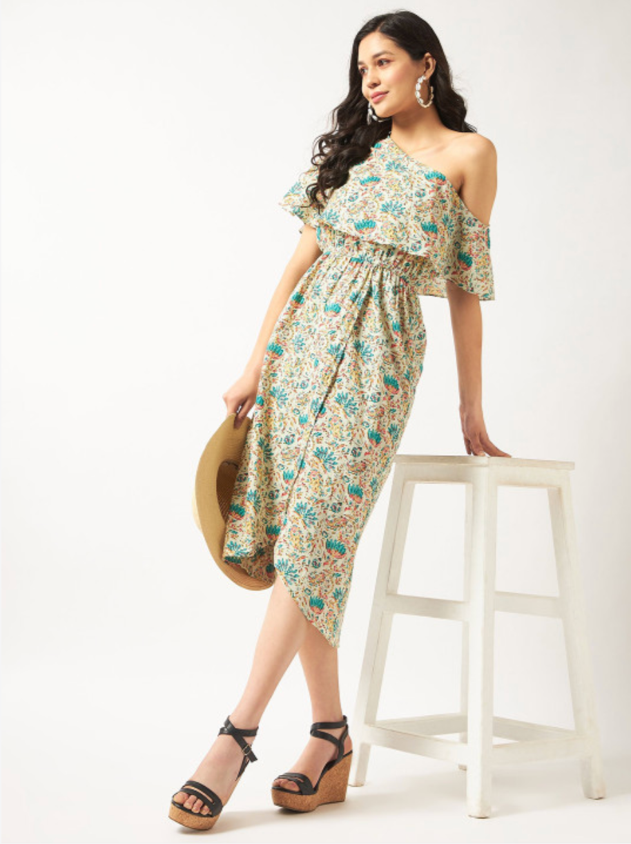Women Floral Printed One Shoulder Fit and Flare Midi Dress - Image 5