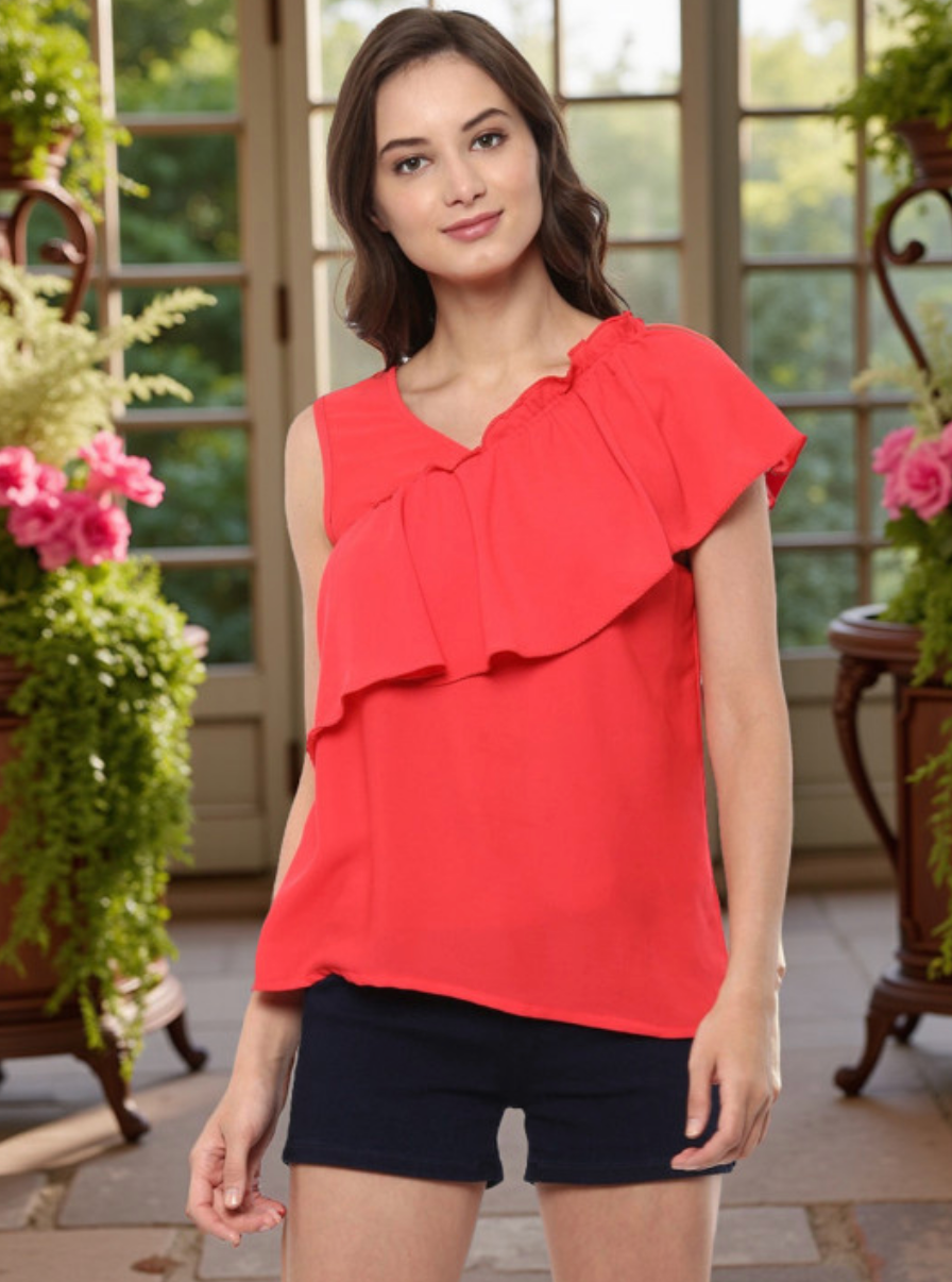 Women One Shoulder Flared Sleeves Top - Image 1