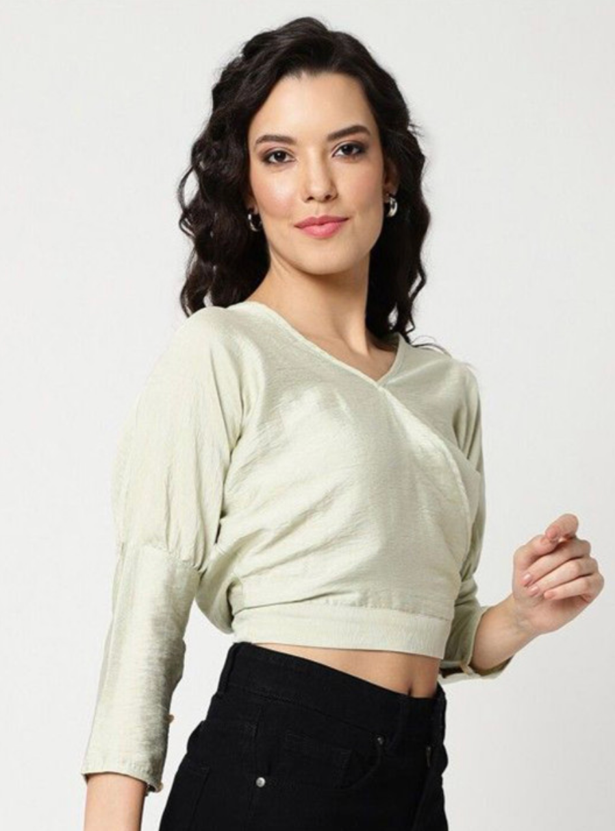 Women Extended Sleeves Fitted Crop Top - Image 3