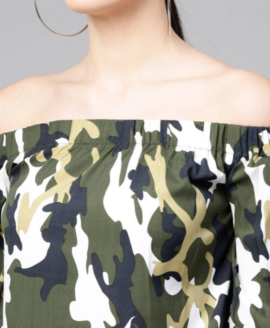 Print Off-Shoulder Bell Sleeve Bardot Top - Image 2