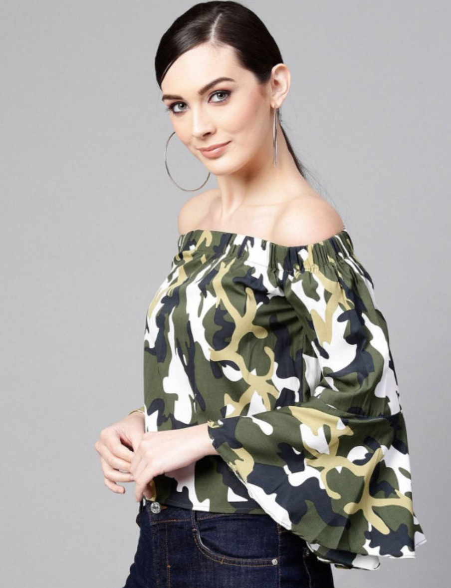 Print Off-Shoulder Bell Sleeve Bardot Top - Image 4