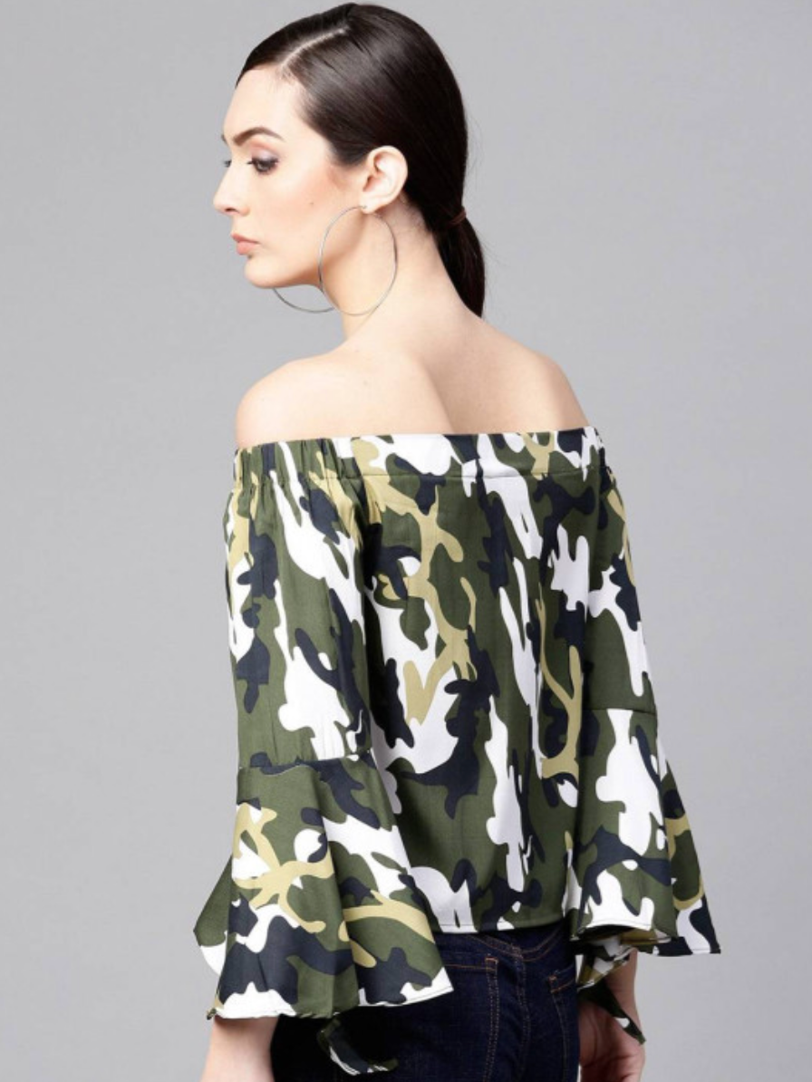 Print Off-Shoulder Bell Sleeve Bardot Top - Image 5