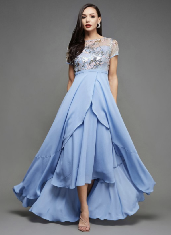 Women Embellished Round Neck Short Sleeves Maxi Dress