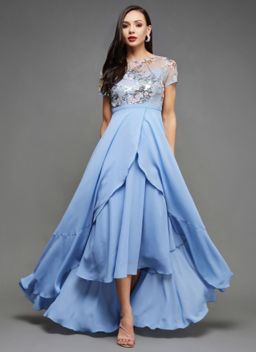 Women Embellished Round Neck Short Sleeves Maxi Dress - Image 1