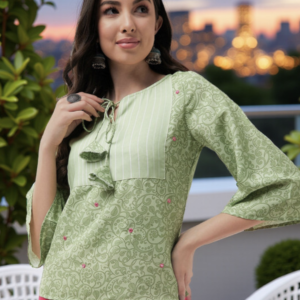 Floral Printed Tie-Up Neck Flared Sleeve Top - Image 1