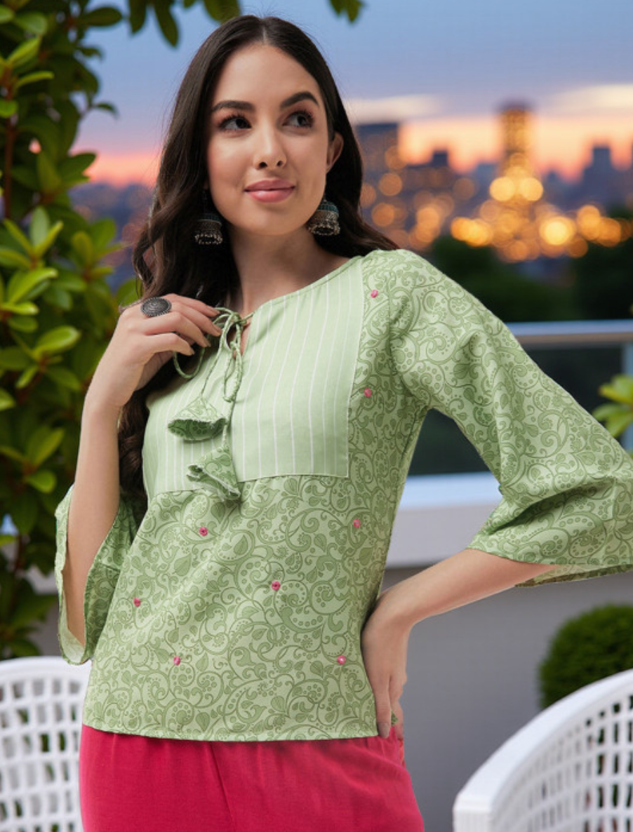 Floral Printed Tie-Up Neck Flared Sleeve Top - Image 1