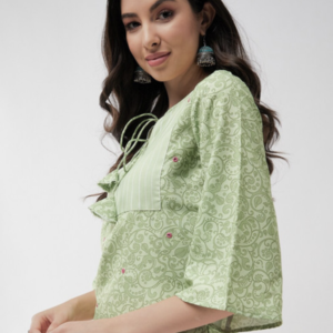 Floral Printed Tie-Up Neck Flared Sleeve Top - Image 2