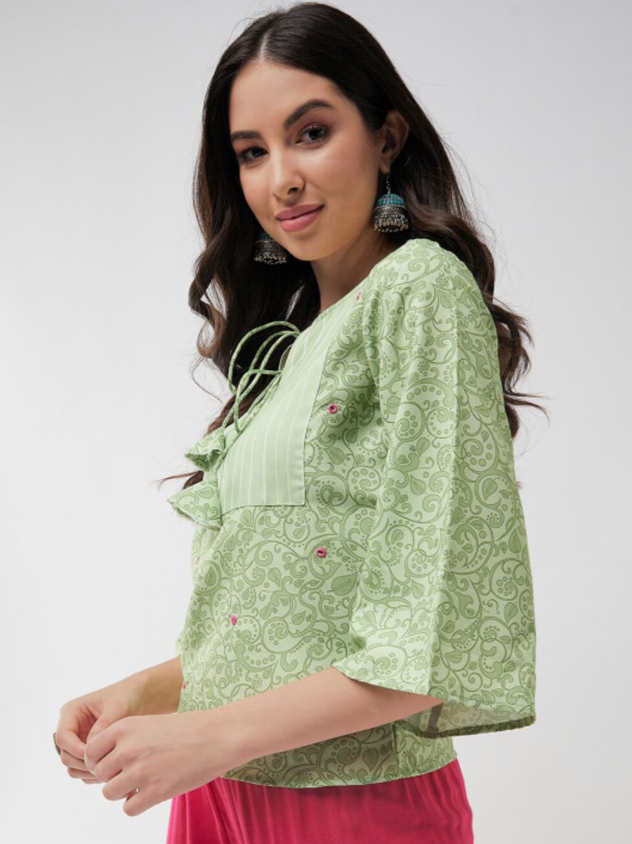 Floral Printed Tie-Up Neck Flared Sleeve Top - Image 2