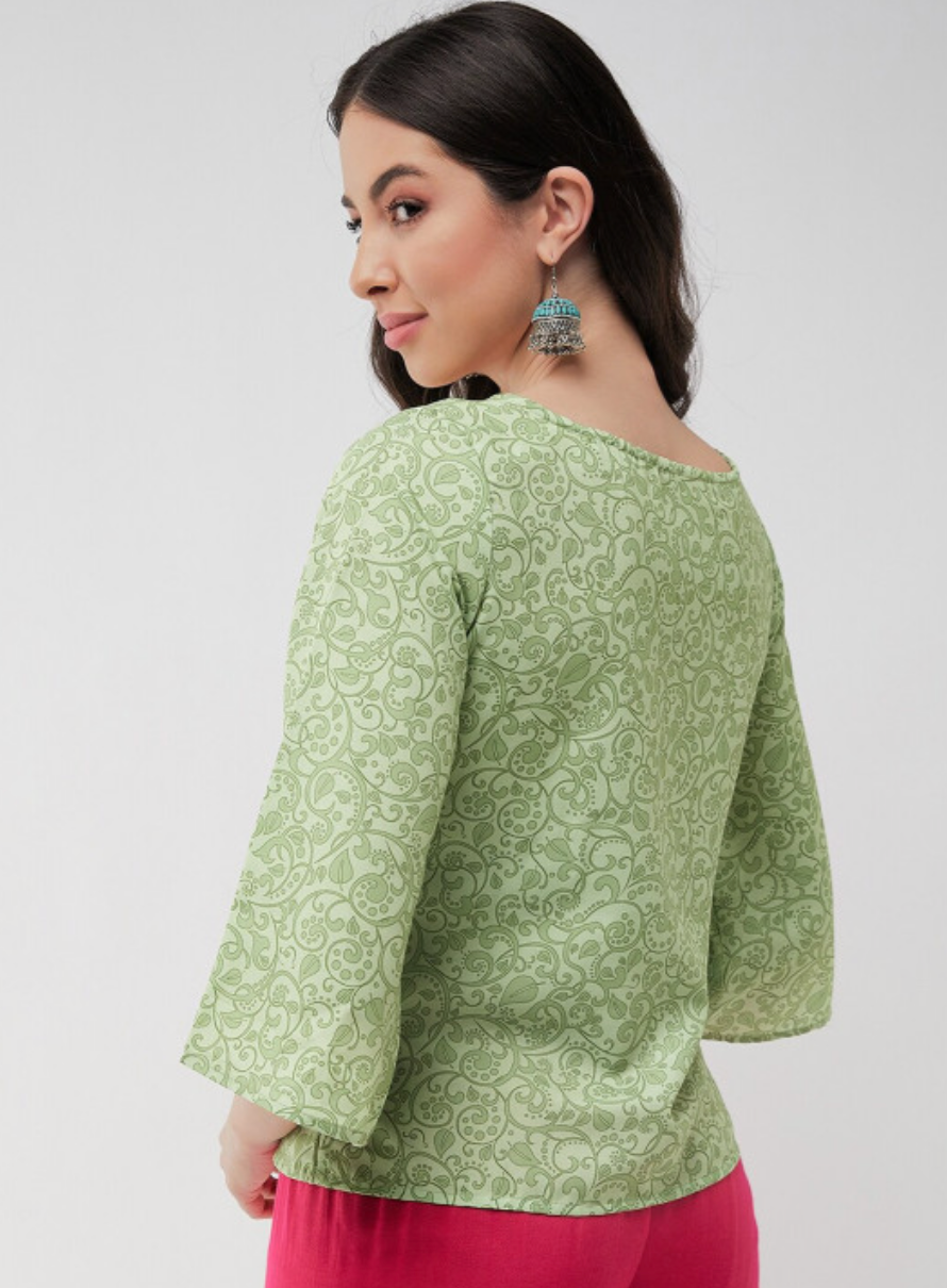 Floral Printed Tie-Up Neck Flared Sleeve Top - Image 3